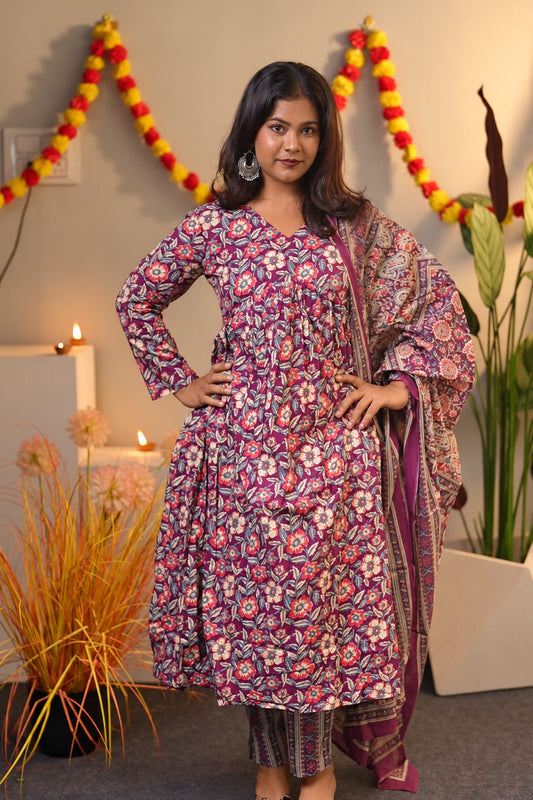 Wine Floral Cotton Alia Cut Suit Set
