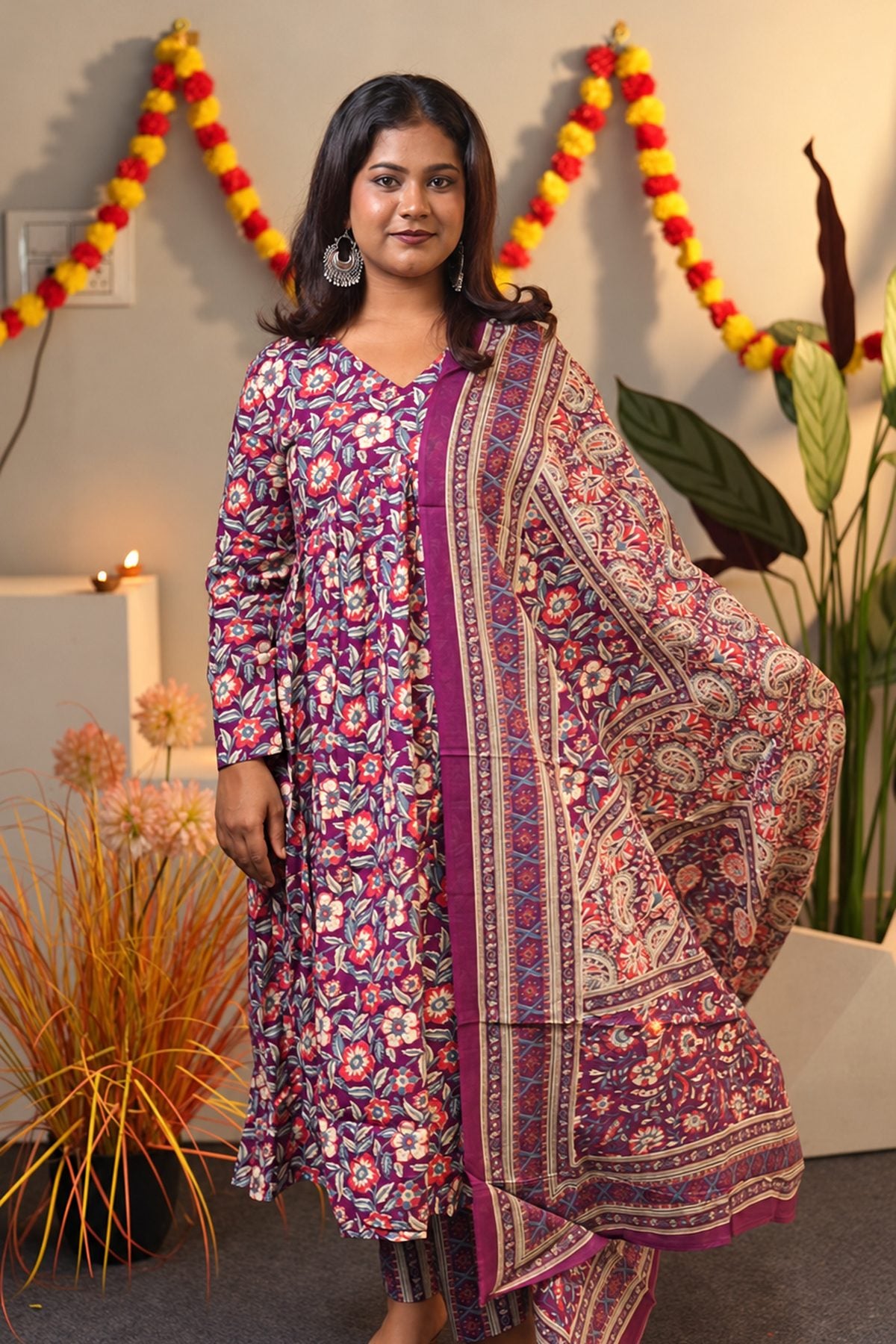 Wine Floral Cotton Alia Cut Suit Set