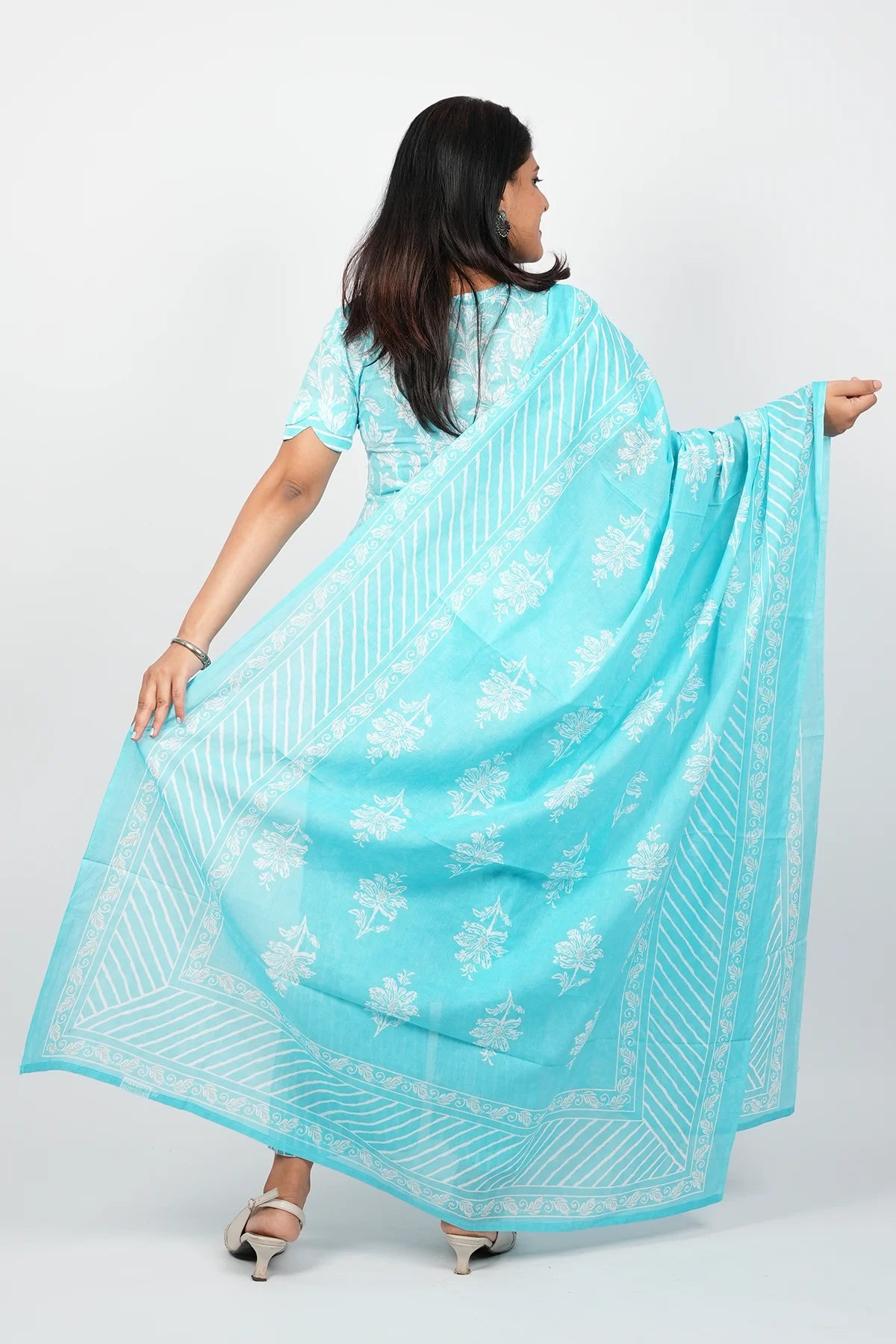Sky Blue Cotton Straight Cut Kurti Suit Set