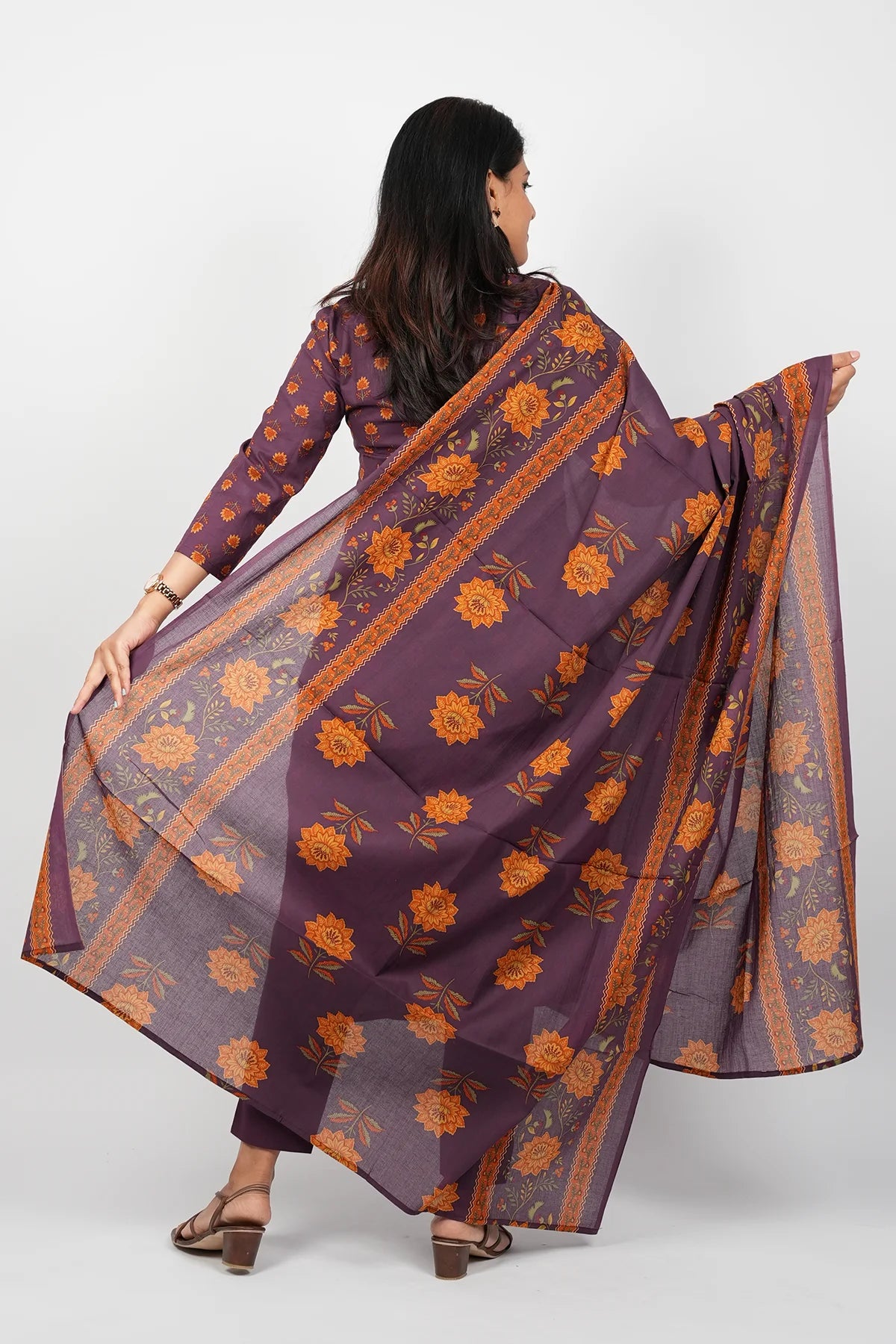 Dark Violet Cotton Straight Cut Kurti Suit Set