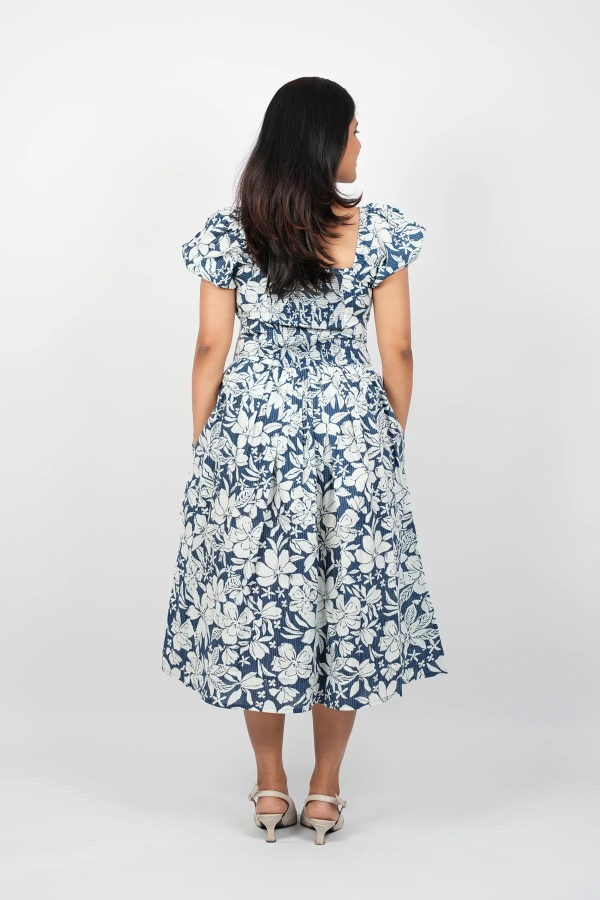White with blue Floral A-Line Midi Dress