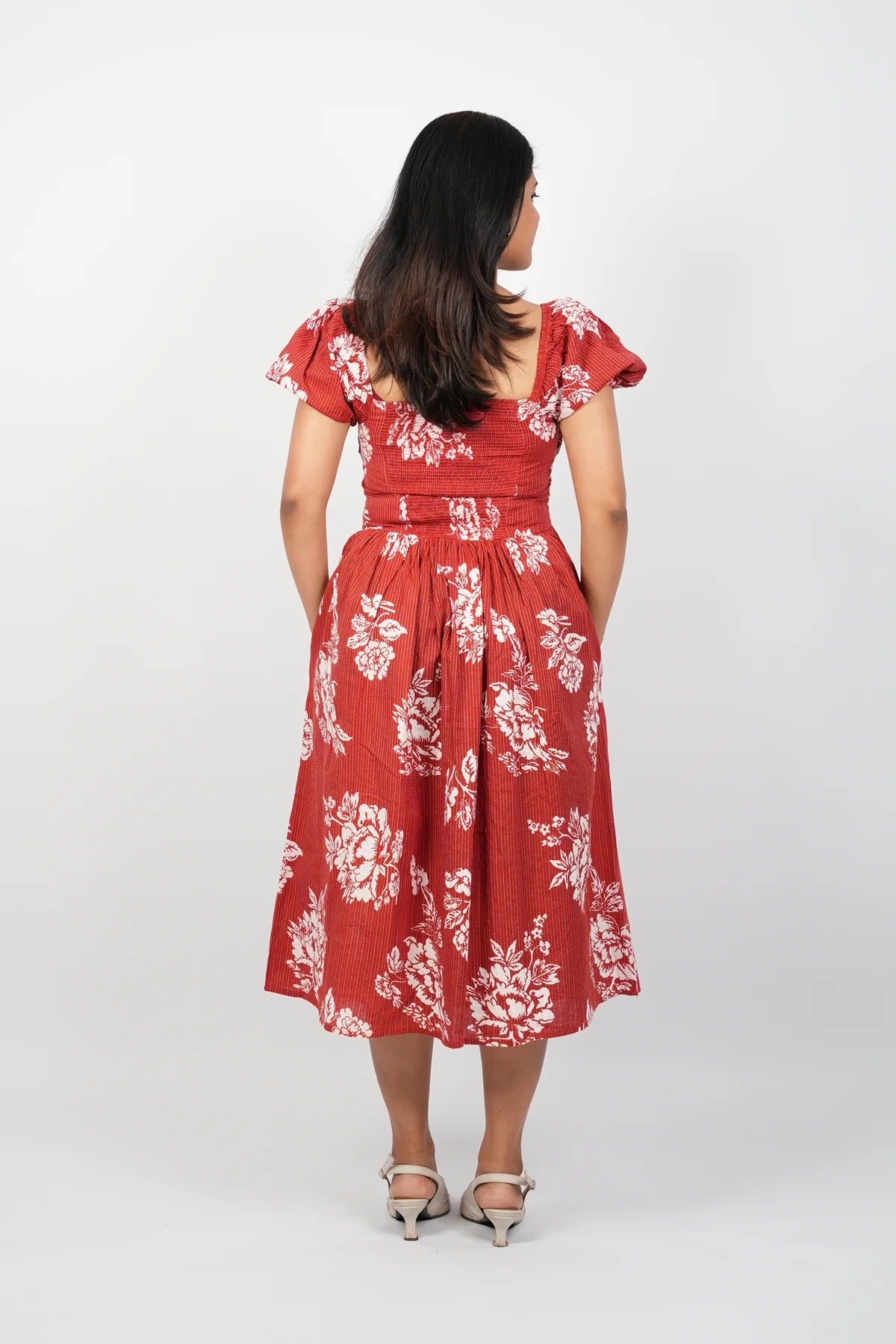Red Floral A-Line Midi Dress