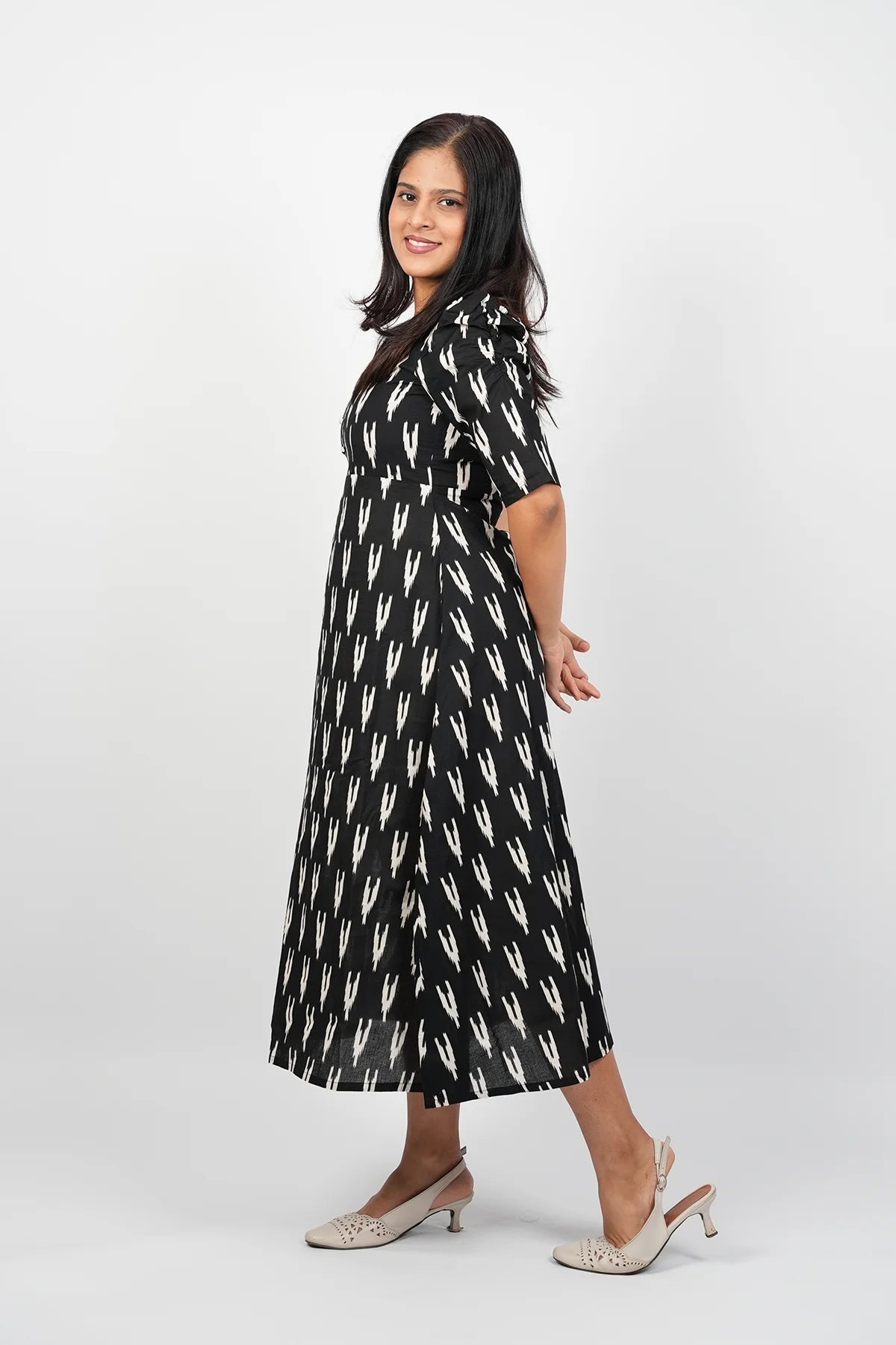 Black Ikkat A-Line Midi Dress