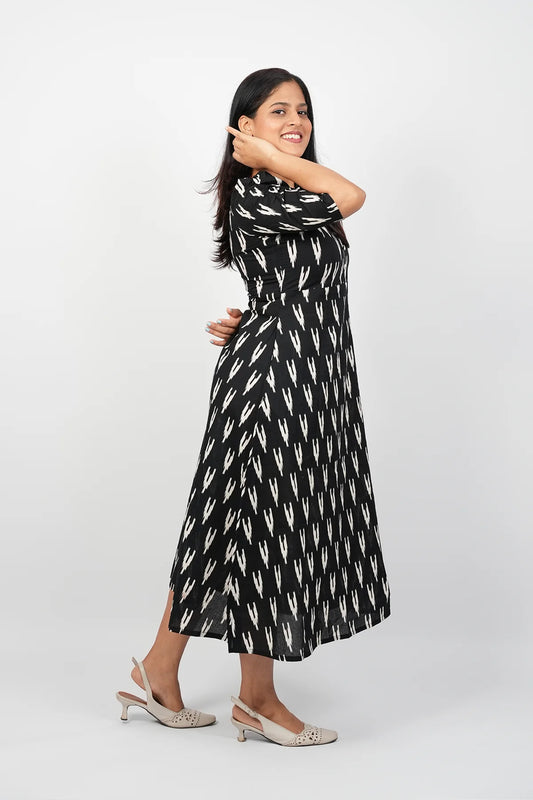Black Ikkat A-Line Midi Dress