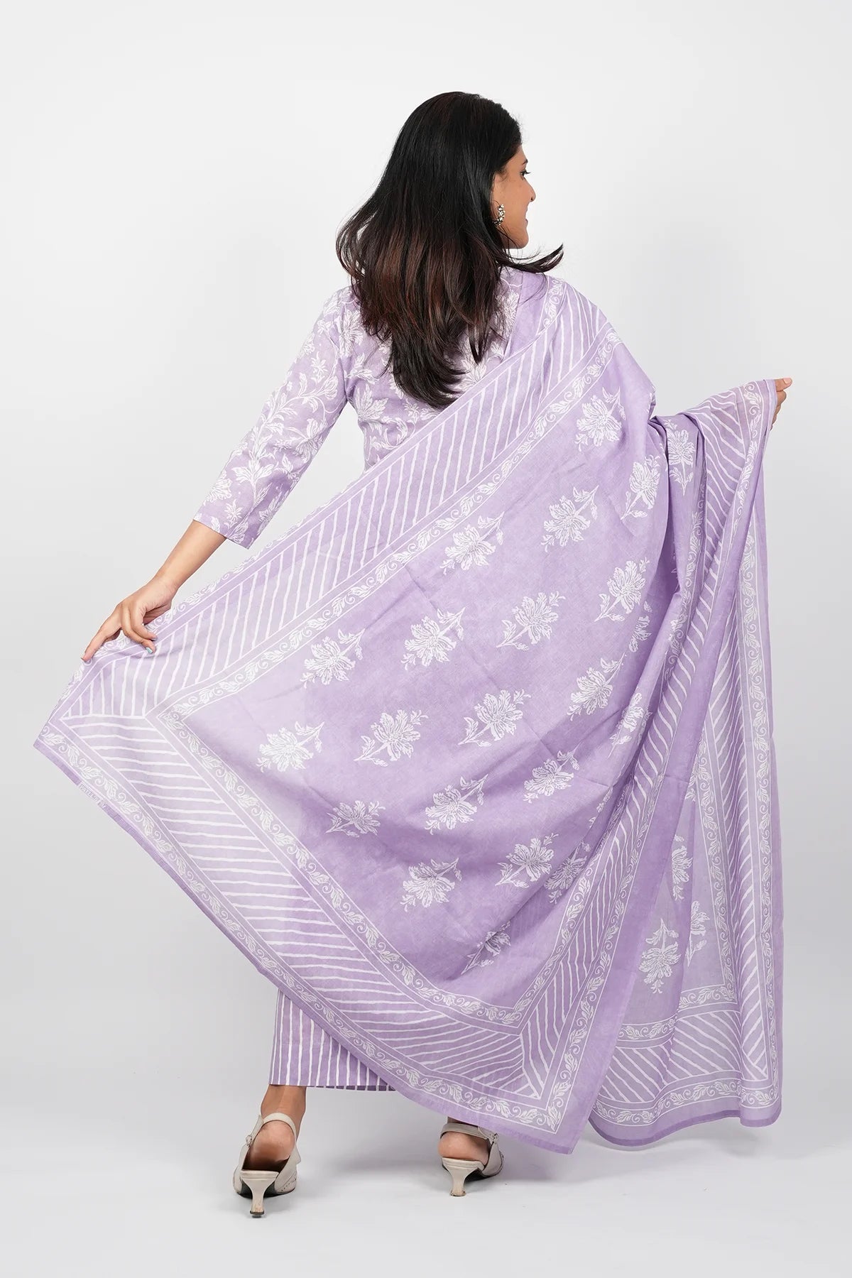 Purple & White Cotton Straight Cut Kurti Set