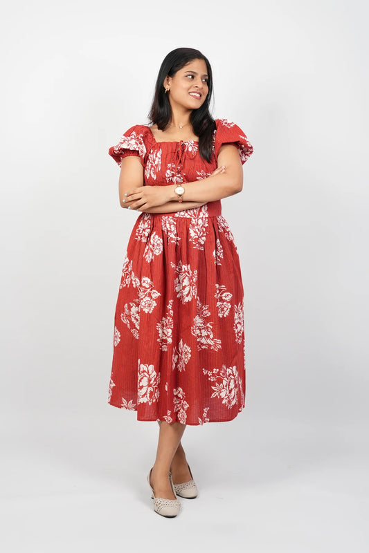 Red Floral A-Line Midi Dress