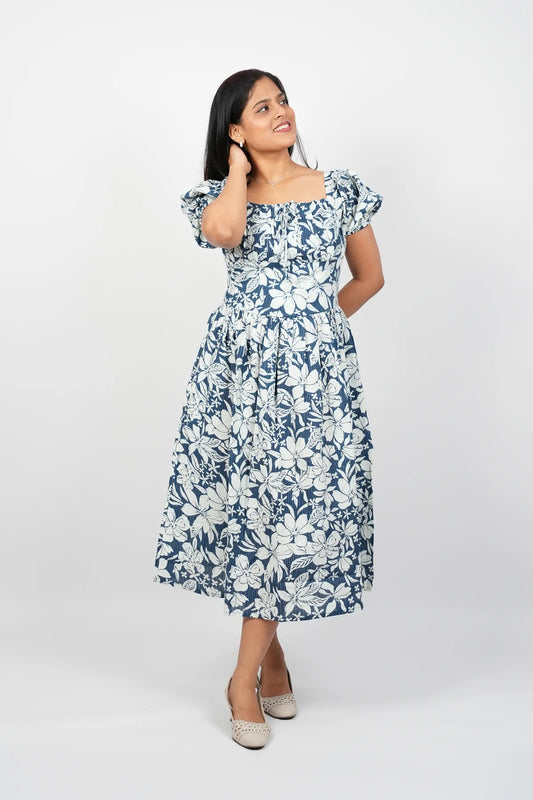 White with blue Floral A-Line Midi Dress