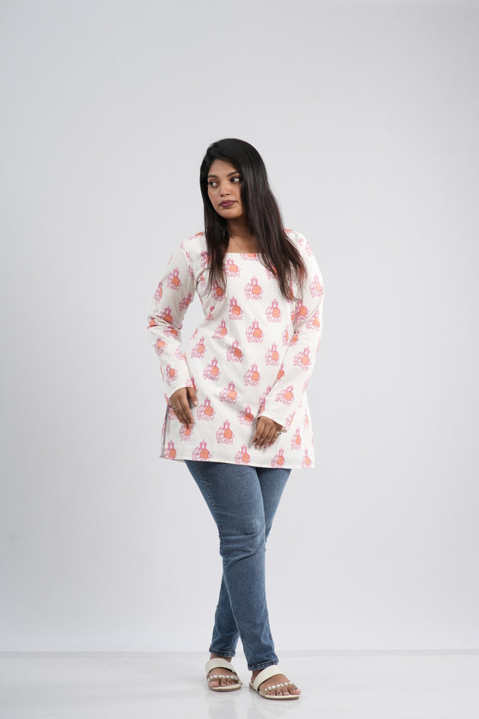 Off-White and Pink Floral Pot Cotton Short Kurti