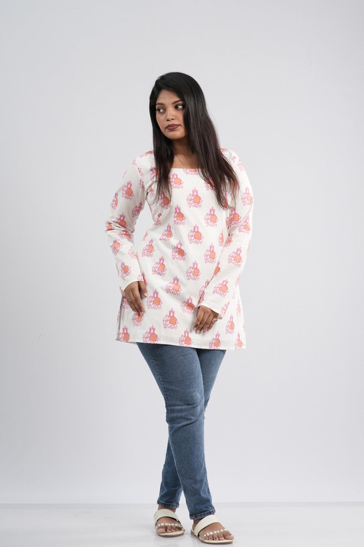 Off-White and Pink Floral Pot Cotton Short Kurti