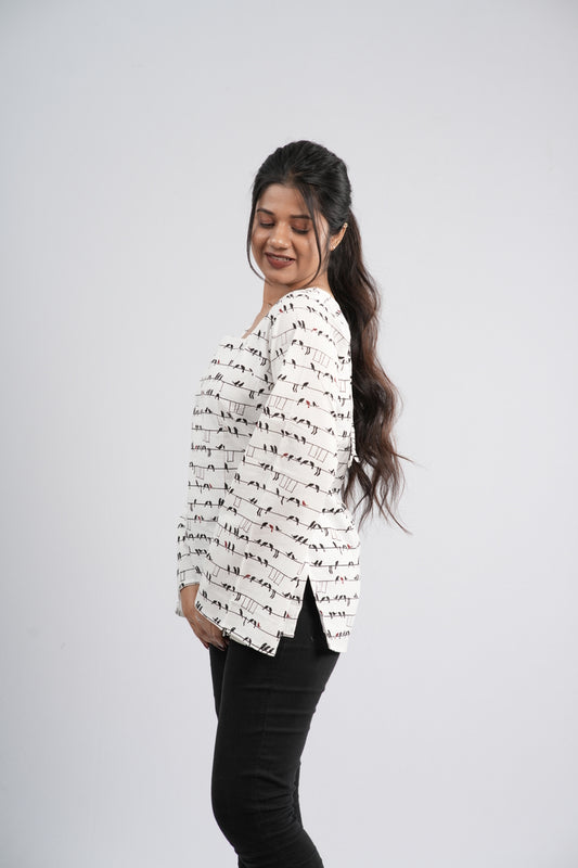 Women's Off-White & Black Abstract Cotton Short Kurti