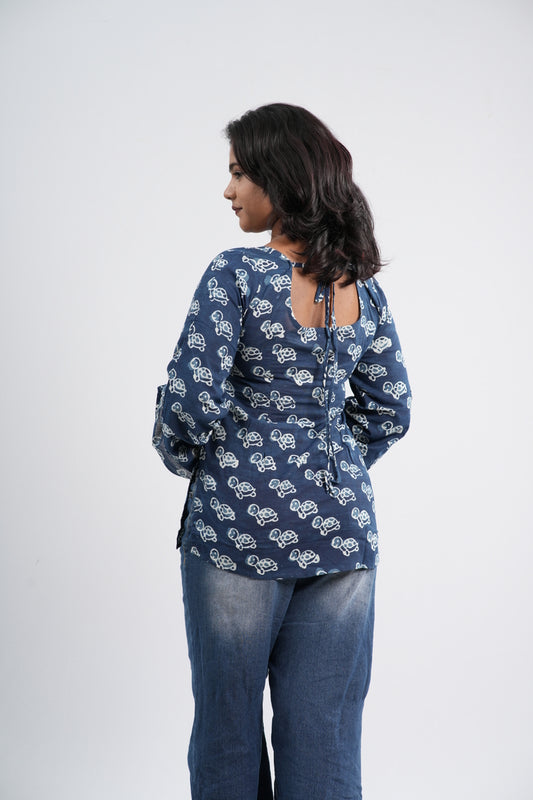Indigo Blue Floral Boho Handblock Cotton Short Kurti