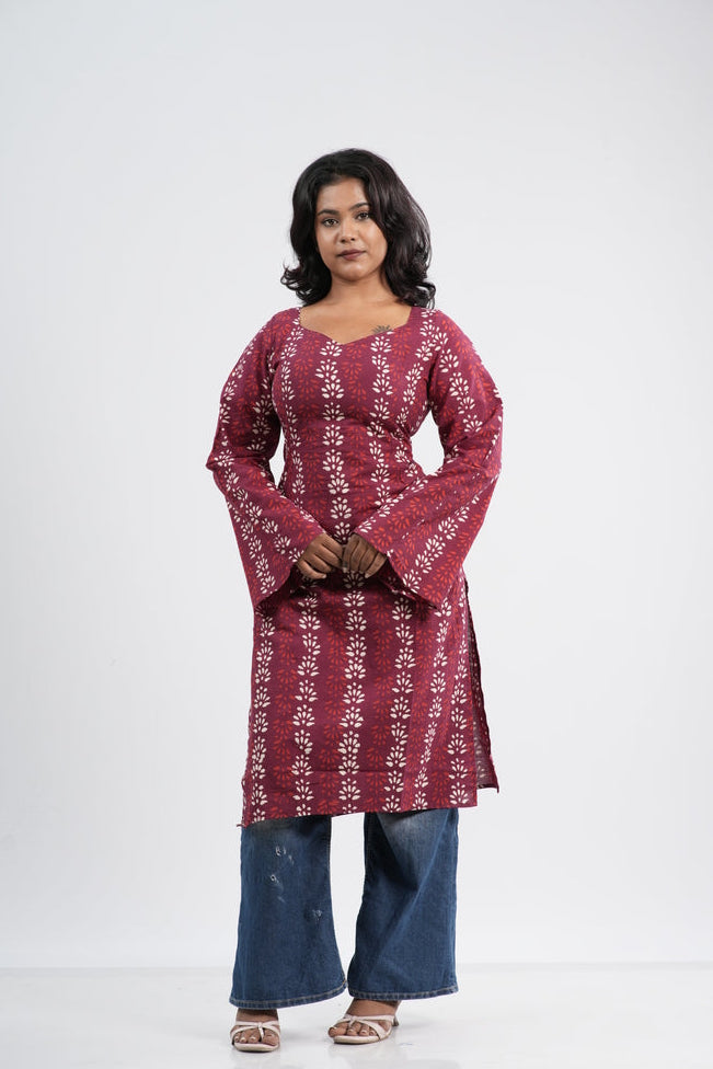 Women's Red & White Floral Vine Handblock Long Kurti