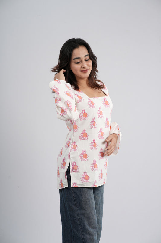 Women's Off-White & Orange Floral Cotton Short Kurti