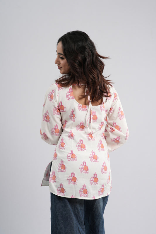 Women's Off-White & Orange Floral Cotton Short Kurti