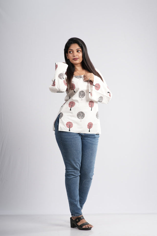 Women's Off-White & Red Tree Cotton Short Kurti