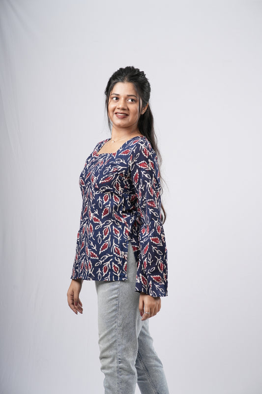 Women's Navy Blue Leaf Handblock Cotton Short Kurti