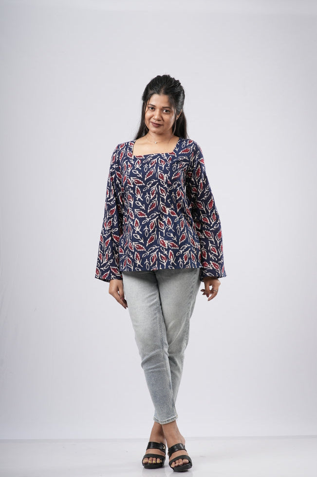 Women's Navy Blue Leaf Handblock Cotton Short Kurti