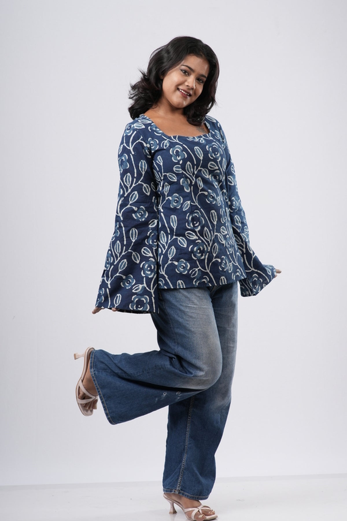 Women's Indigo Blue Floral Handblock Cotton Short Kurti