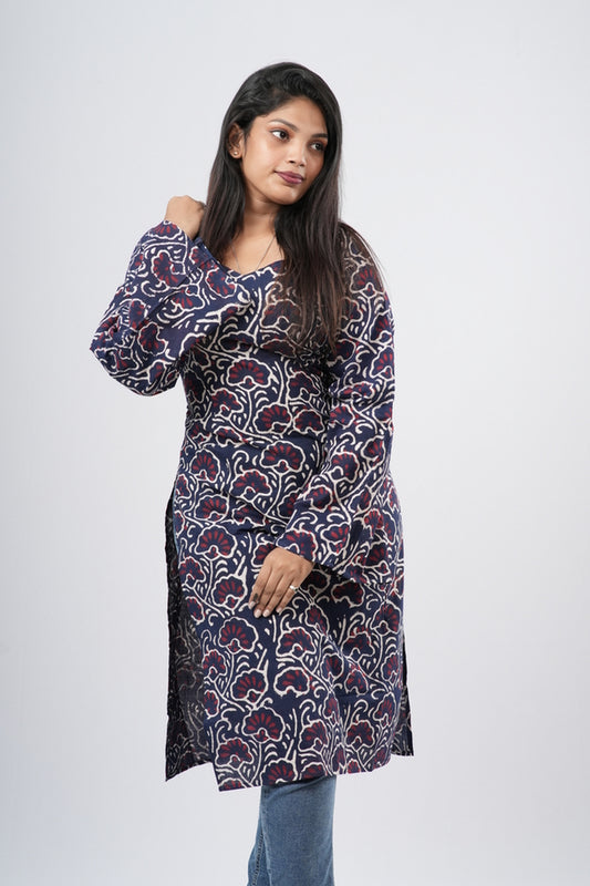 Women's Indigo Blue Floral Vine Print Cotton Long Kurti