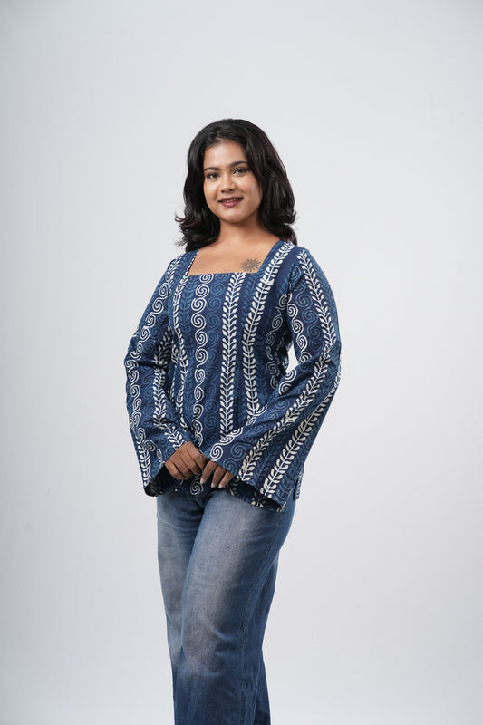 Women's Indigo Blue Geometric Handblock Cotton Short Kurti