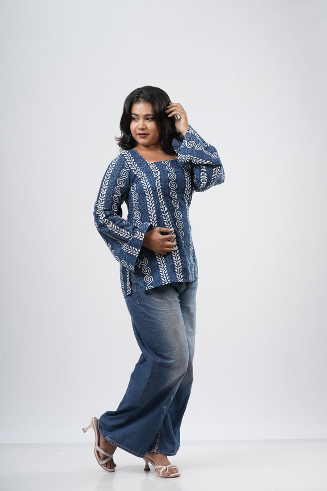 Women's Indigo Blue Geometric Handblock Cotton Short Kurti