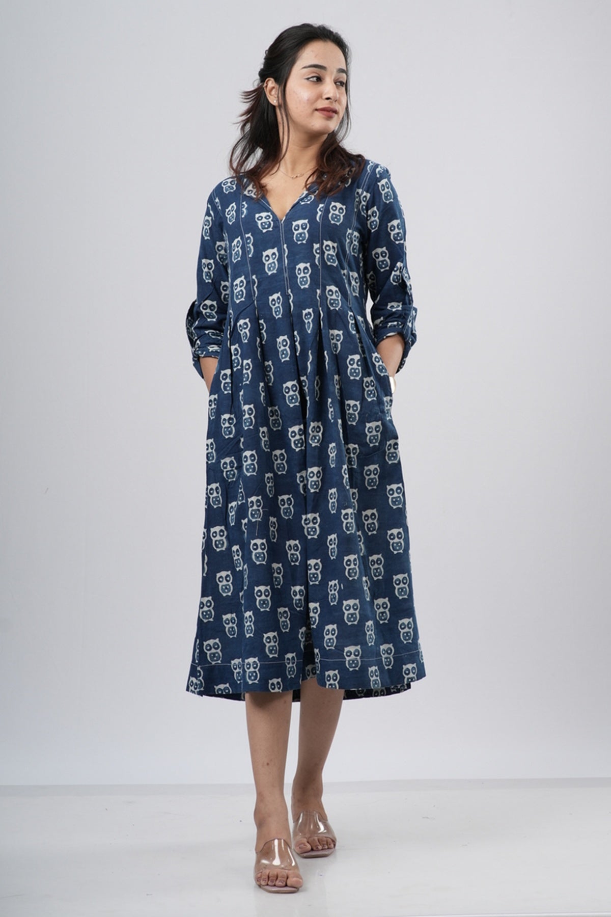 Indigo Blue Handblock Cotton A-Line Dress