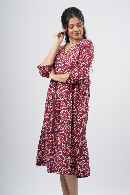 Red Paisley Handblock 100% Cotton A-Line Dress