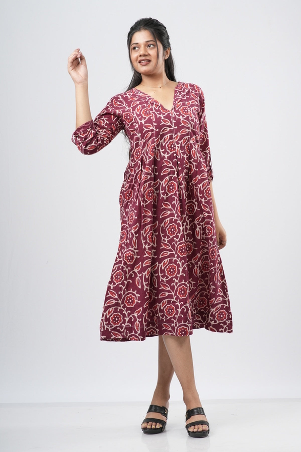 Red Paisley Handblock 100% Cotton A-Line Dress