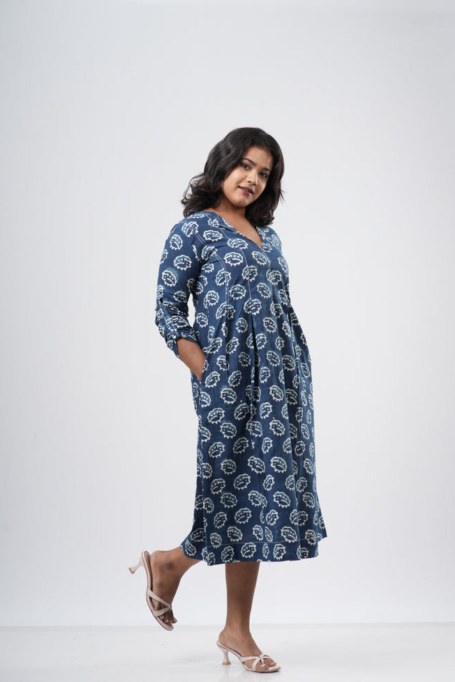 Indigo Shell Motif Handblock 100% Cotton A-Line Dress
