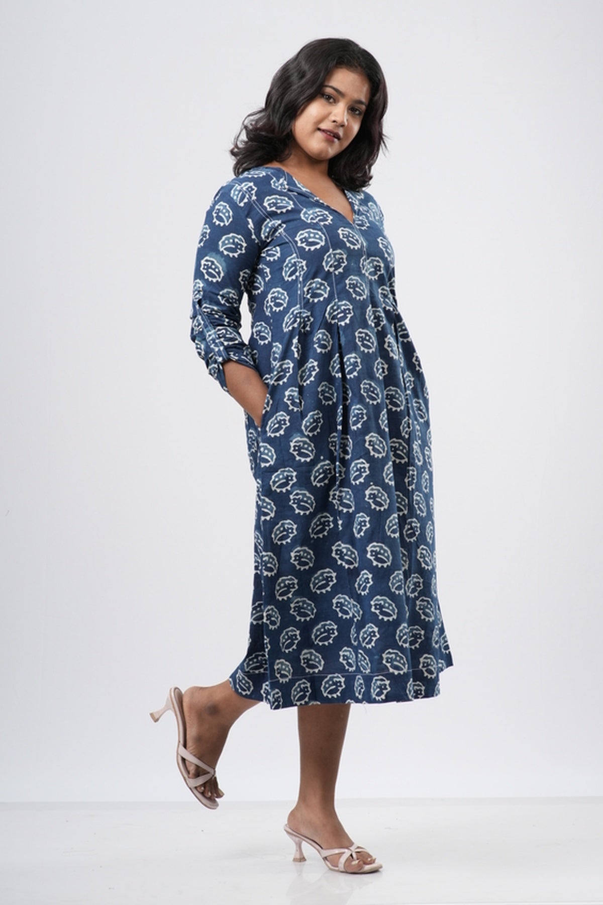 Indigo Shell Motif Handblock 100% Cotton A-Line Dress