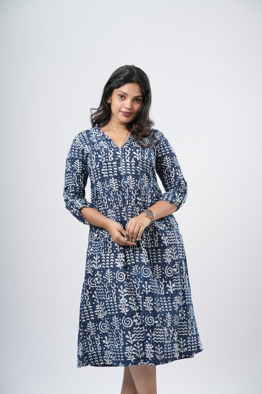 Indigo Blue 100% Handblock Cotton A-line dress