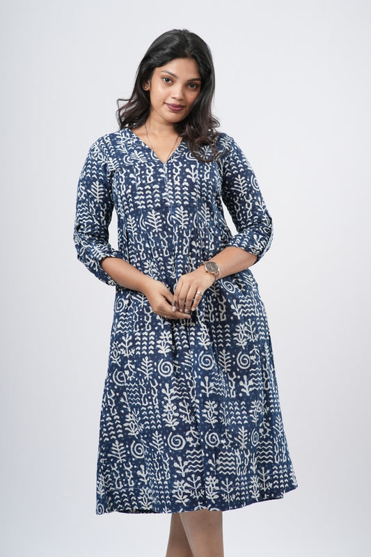 Indigo Blue 100% Handblock Cotton A-line dress