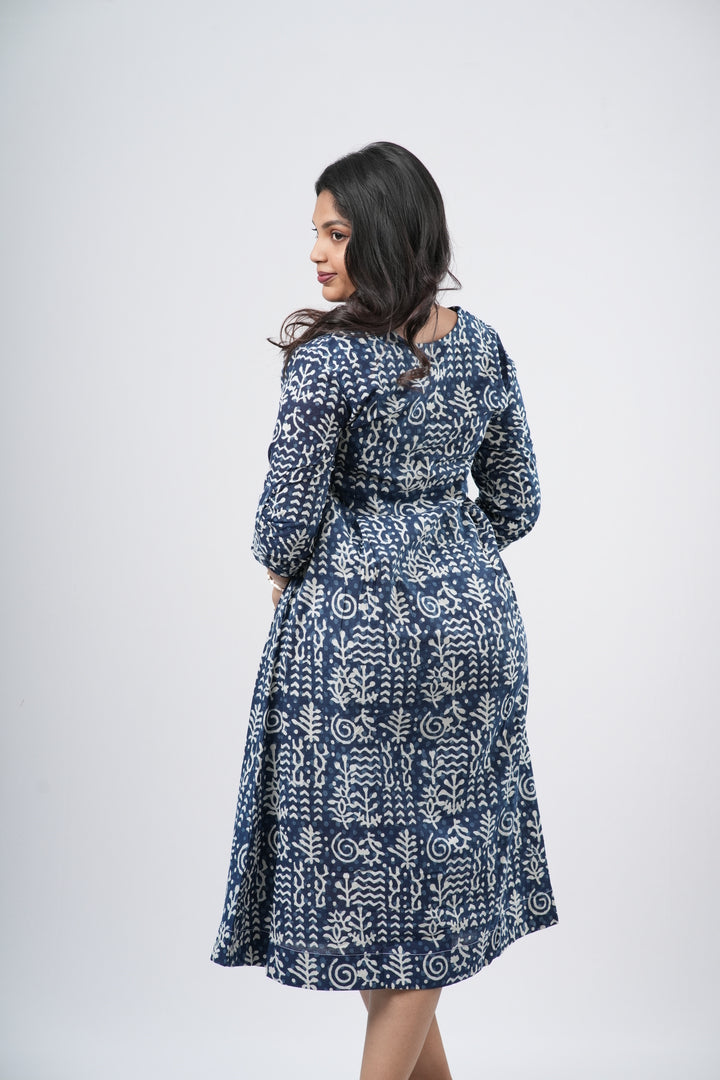 Indigo Blue 100% Handblock Cotton A-line dress