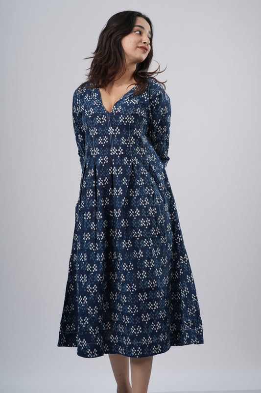 Indigo Diamond Lattice Handblock Cotton A-Line Dress