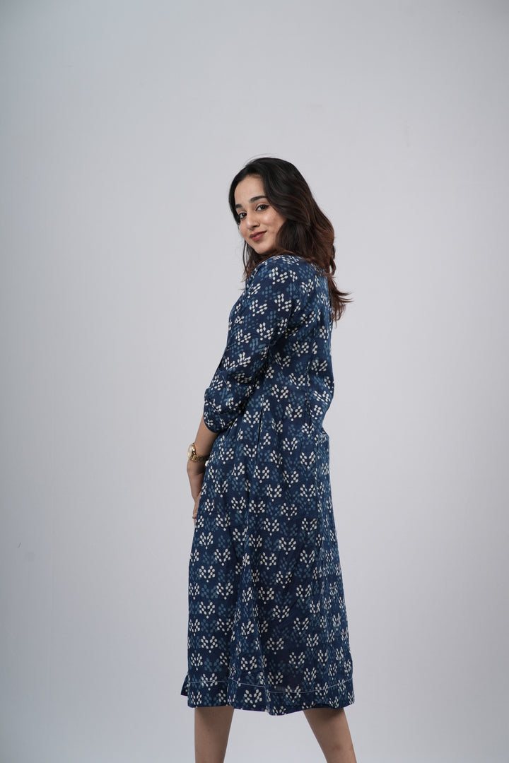 Indigo Diamond Lattice Handblock Cotton A-Line Dress