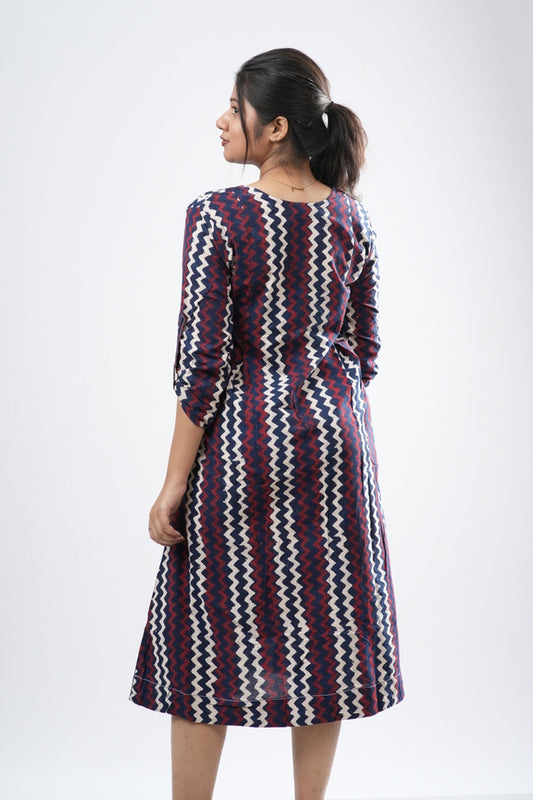 Indigo & Crimson Zigzag Chevron Cotton A-Line Dress