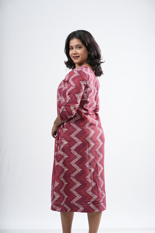 Red & White Zigzag Handblock Cotton A-Line Dress