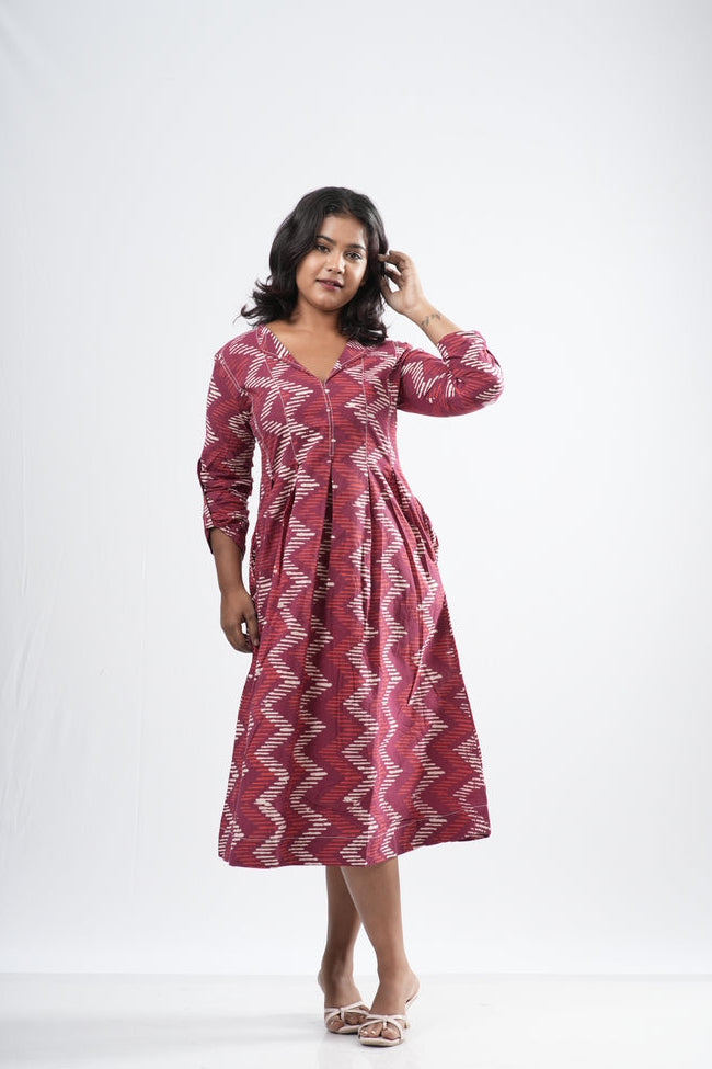 Red & White Zigzag Handblock Cotton A-Line Dress