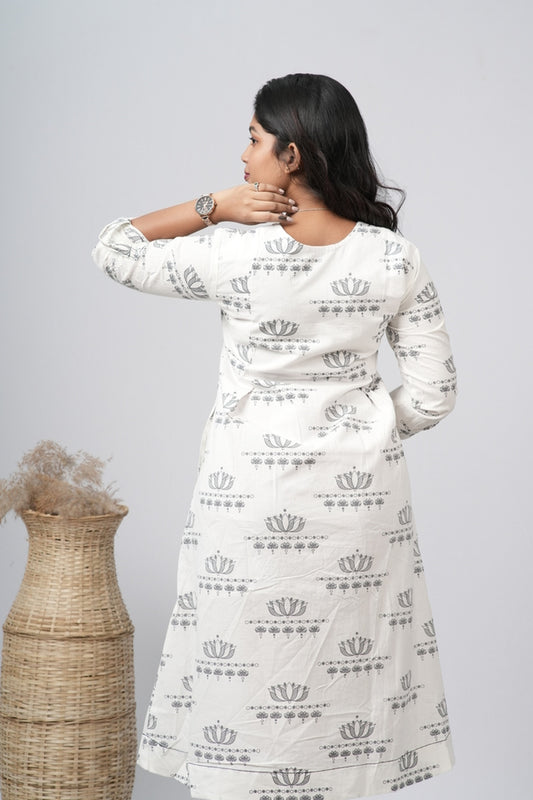 Off - White Floral A-line Cotton Dress
