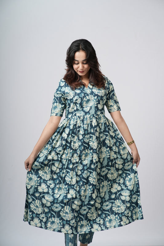 Teal green & White Floral Jaal Cotton Co-ord Set