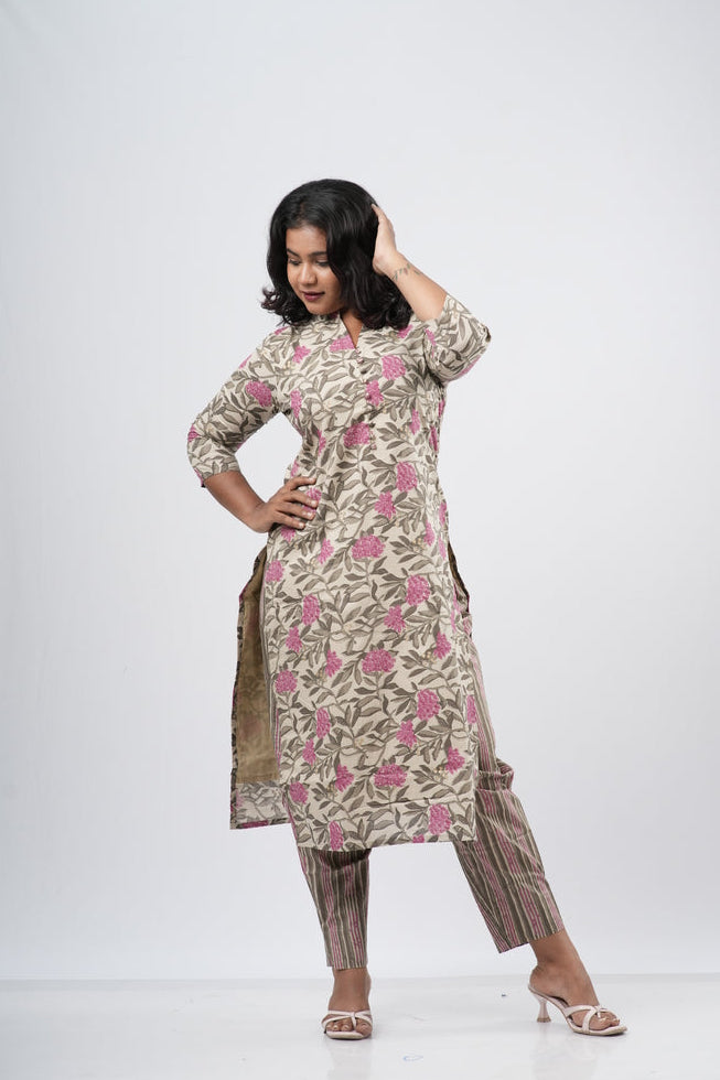 Cream & Pink Floral Cotton Co-ord Set