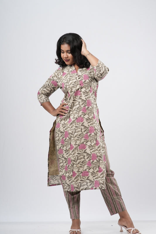 Cream & Pink Floral Cotton Co-ord Set