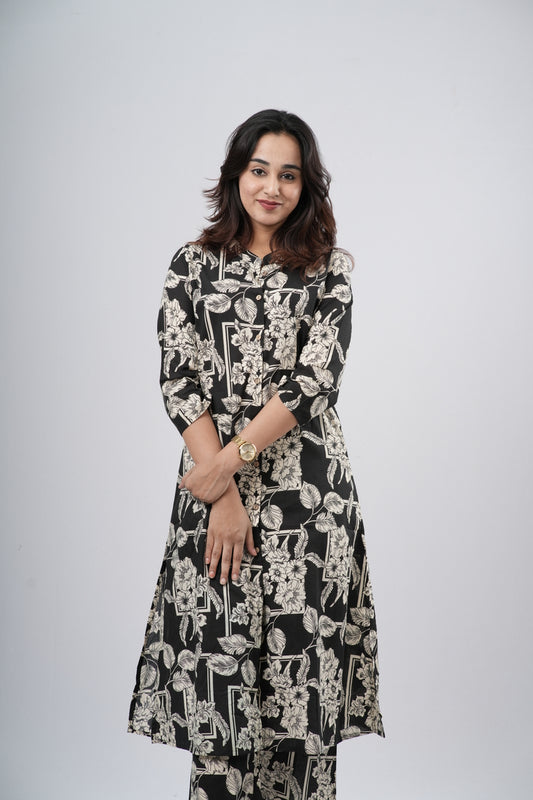 Black & White Floral Jaal Print Cotton Co-ord Set