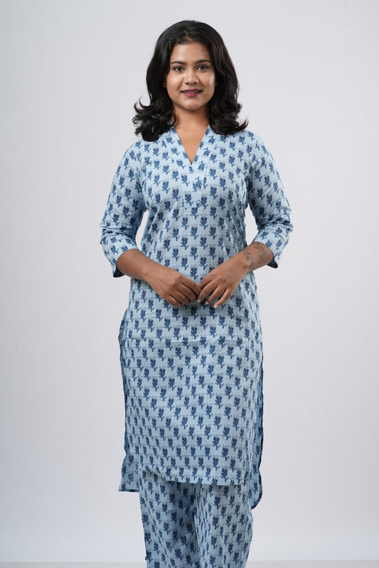 Sky Blue & Navy Floral Print Cotton Co-ord Set