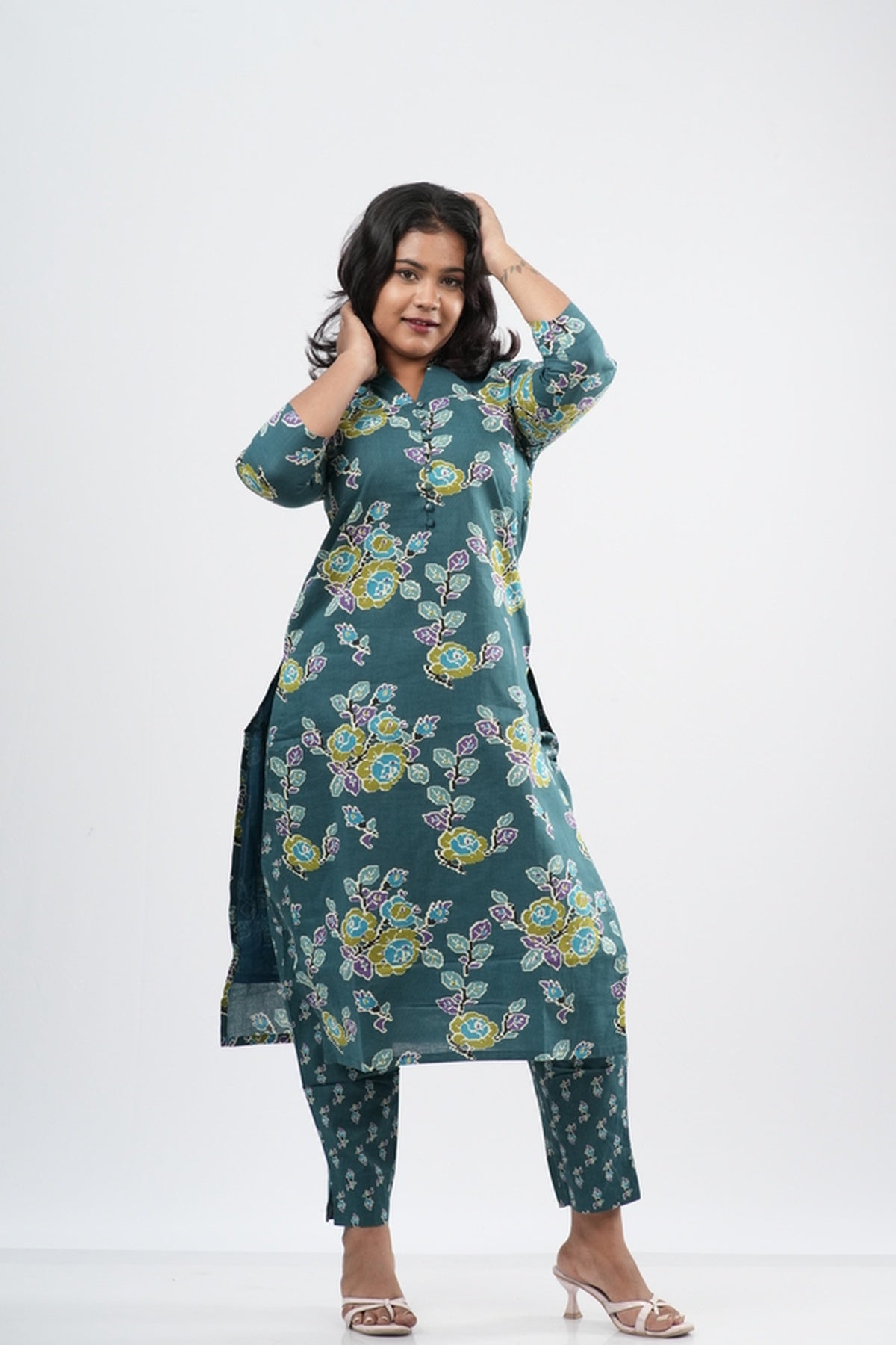 Teal Sage Green Floral Cotton Co-ord Set