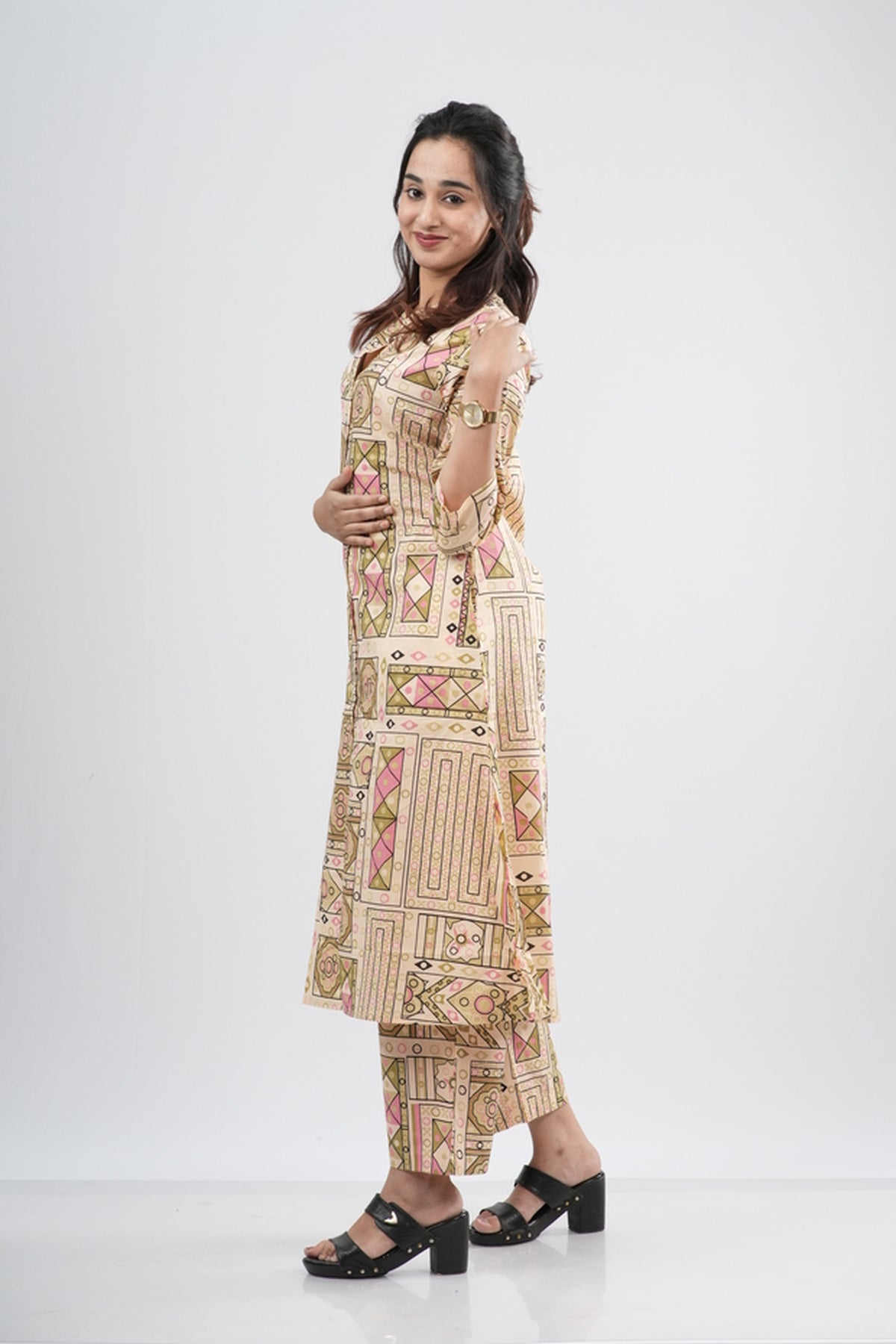 Beige & Multi-Color Geometric Tile Print Cotton Co-ord Set