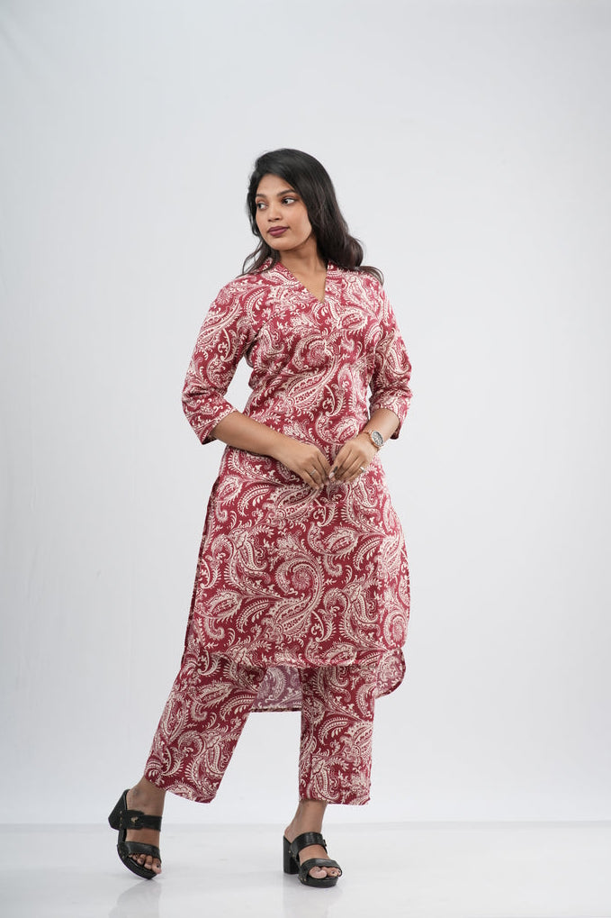 Vibrant Red & White Paisley Print Cotton Co-ord Set