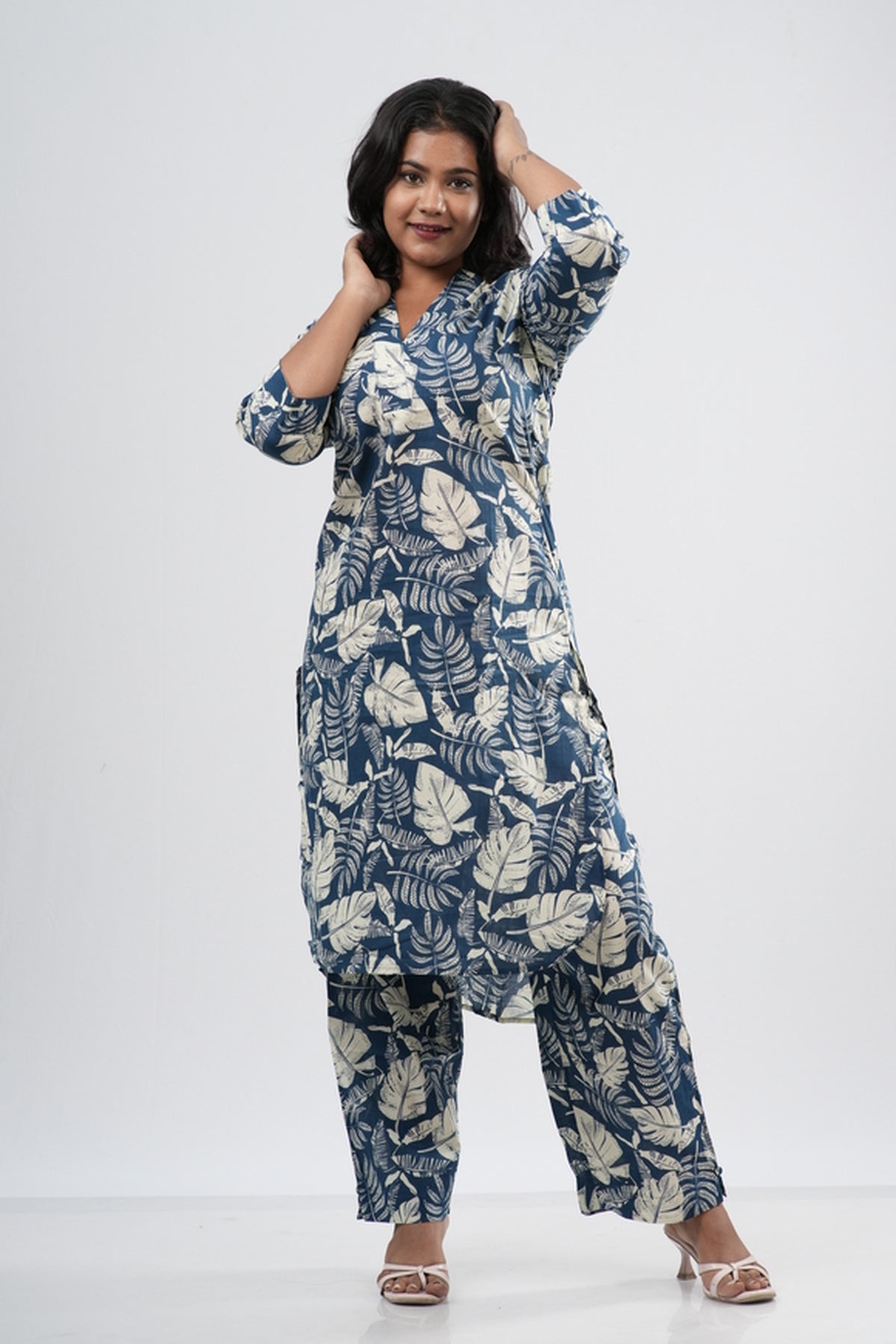 Indigo & White Tropical Leaf Print Cotton Co-ord Set