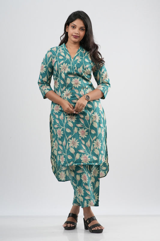 Teal Green Floral Vine Print Cotton Co-ord Set
