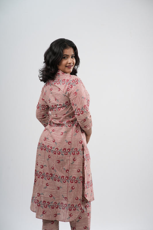 Pink & White Striped Floral Print Cotton Co-ord Set